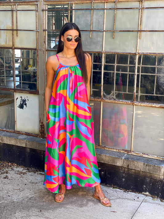 Tropical Satin Flare Maxi Dress